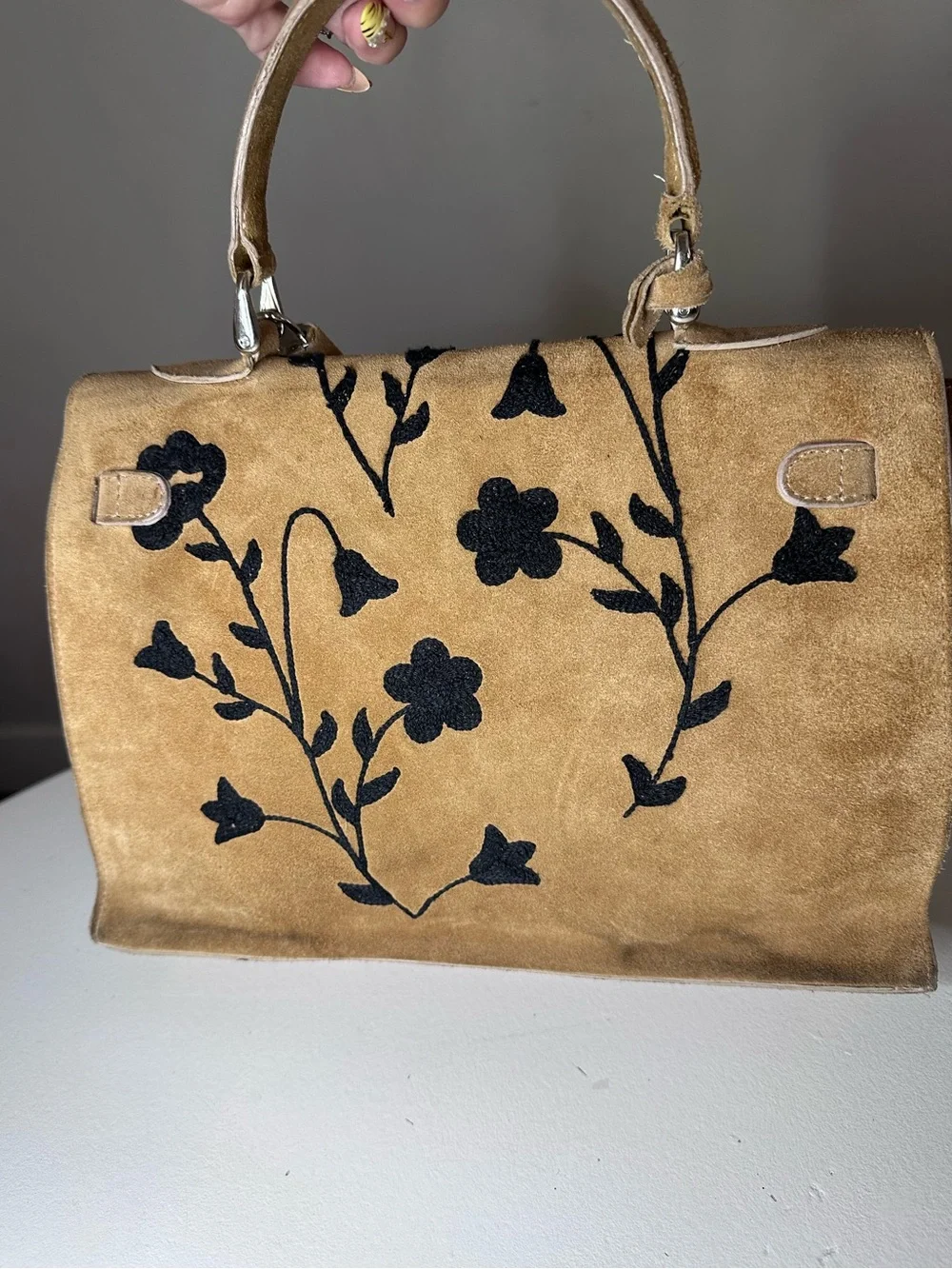 VTG Carlo Pulicati Italy Suede Kelly Bag Black Floral Embroidered Handbag Lock 🔐